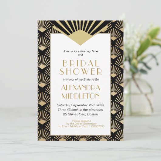 アールデコブライダルシャワーブラック金ゴールドヴィンテージ 招待状 (スタンド正面)