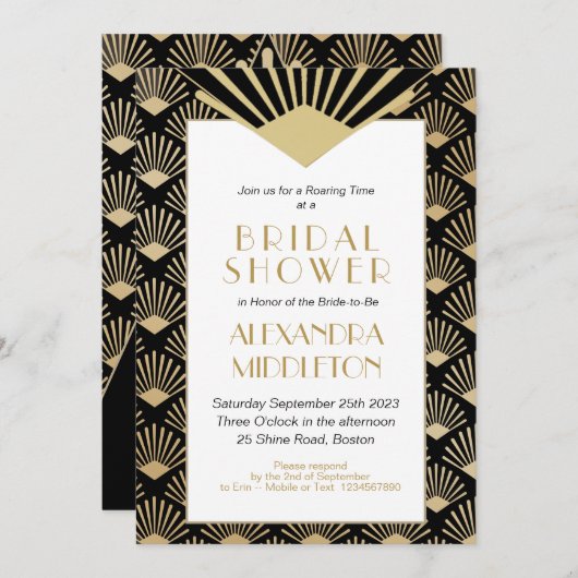 アールデコブライダルシャワーブラック金ゴールドヴィンテージ 招待状 (正面/裏面)