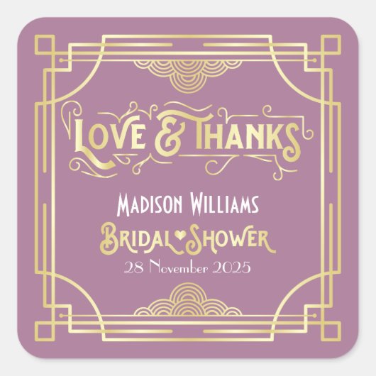 アールデコブライダルシャワー金ゴールド薄紫ラブ感謝してい& スクエアシール (正面)