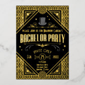 アールデコブラックおよび金ゴールドバチュラーパーティ 箔招待状 (正面)