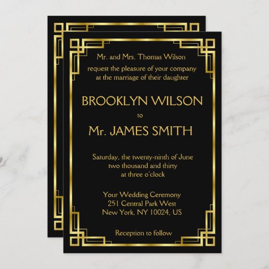 アールデコブラックおよび金ゴールド結婚式招待状カード 招待状 (正面/裏面)