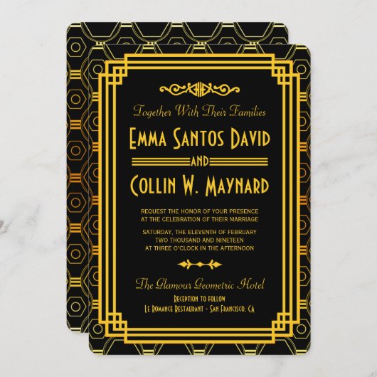 アールデコブラックおよび金ゴールド結婚式招待状 招待状 (正面/裏面)