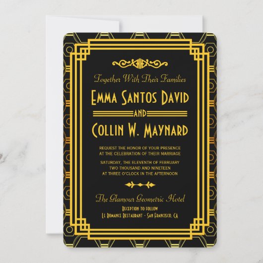 アールデコブラックおよび金ゴールド結婚式招待状 招待状 (正面)