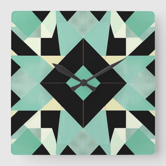 アールデコブラックとティール（緑がかった色）ウォールクロック スクエア壁時計 (正面)