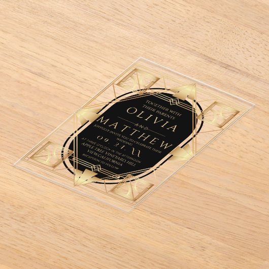 アールデコブラックと金ゴールドジオメト結婚リ アクリル招待状 (レイダウン)