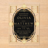 アールデコブラックと金ゴールドジオメト結婚リ アクリル招待状 (正面)