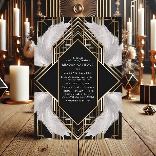 アールデコブラックと金ゴールドフェザー結婚ズ 招待状