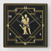 アールデコブラックと金ゴールドフラッパー1920年代ヴィンテージ スクエア壁時計 (正面)