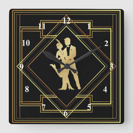 アールデコブラックと金ゴールドフラッパー1920年代ヴィンテージ スクエア壁時計 (正面)