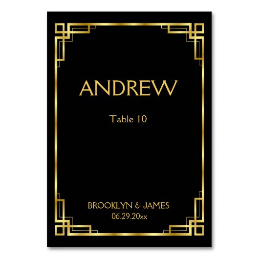 アールデコブラックと金ゴールド結婚のテーブルカード テーブルナンバー (正面)