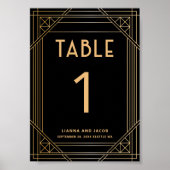 アールデコブラックと金ゴールド結婚のテーブル番号記号 ポスター (正面)