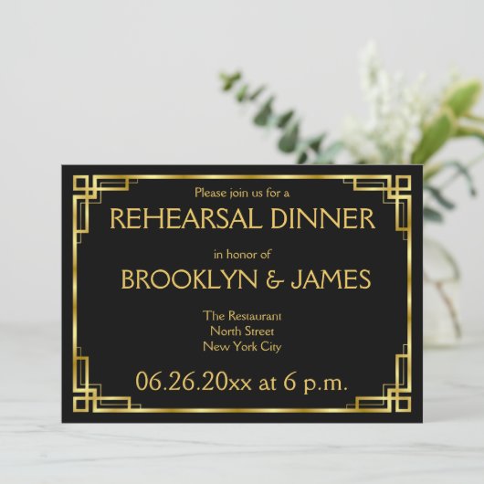 アールデコブラックと金ゴールド結婚のリハーサル招待状 招待状 (スタンド正面)