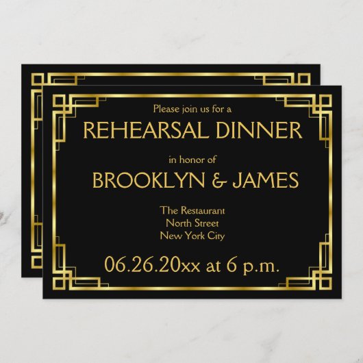 アールデコブラックと金ゴールド結婚のリハーサル招待状 招待状 (正面/裏面)