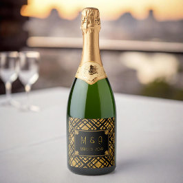 アールデコブラックと金ゴールド結婚のワインボトルラベル スパークリングワインラベル