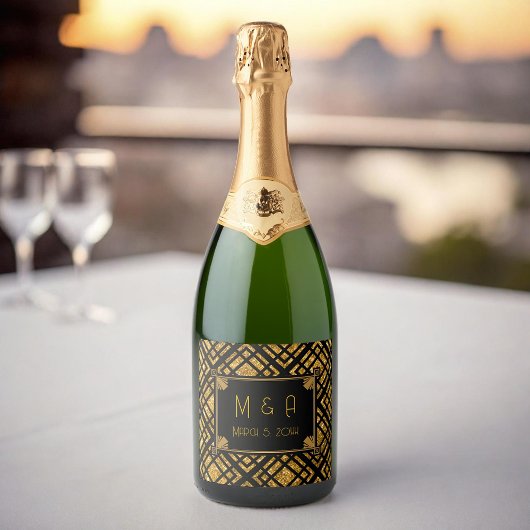 アールデコブラックと金ゴールド結婚のワインボトルラベル スパークリングワインラベル