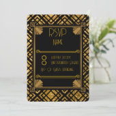 アールデコブラックと金ゴールド結婚の丸いRSVPカード (スタンド正面)