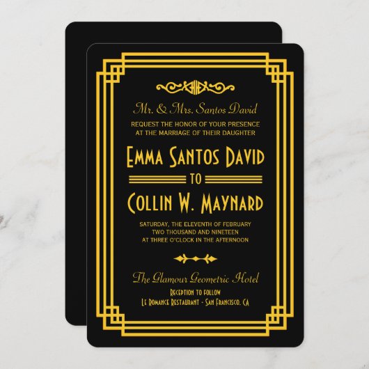 アールデコブラックと金ゴールド結婚式 招待状 (正面/裏面)