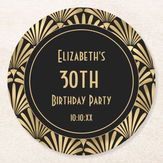 アールデコブラックと金ゴールド30歳の誕生日パーティー ラウンドペーパーコースター (正面)