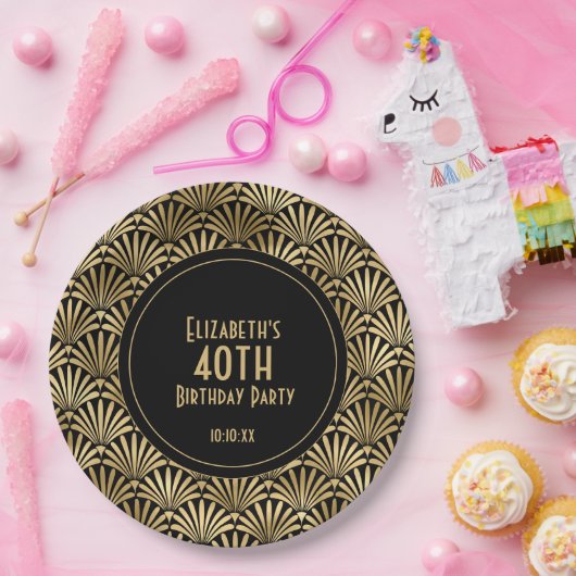 アールデコブラックと金ゴールド40歳の誕生日パーティー ペーパープレート (パーティー)