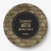 アールデコブラックと金ゴールド40歳の誕生日パーティー ペーパープレート (正面)