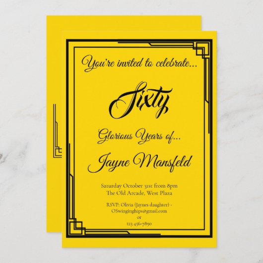 アールデコブラックオン金ゴールド誕生日パーティーの招待 招待状 (正面/裏面)