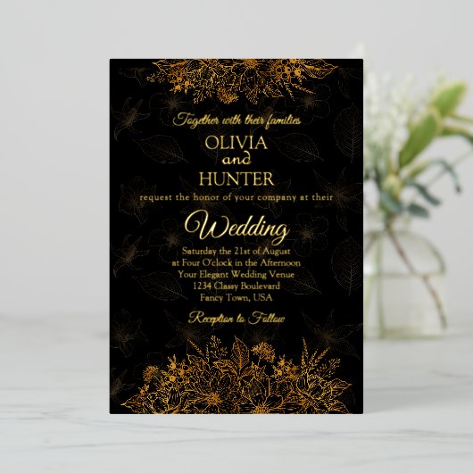 アールデコブラックゴールドフォイルスクリプクラシックト結婚ズ 箔招待状 (立ち正面)