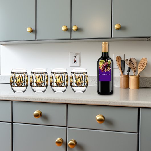 アールデコブラック金ゴールドステンドグラス ステムなしワイングラス