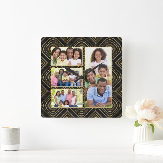 アールデコブラック金ゴールド家族の写真の追加 スクエア壁時計 (ホーム)