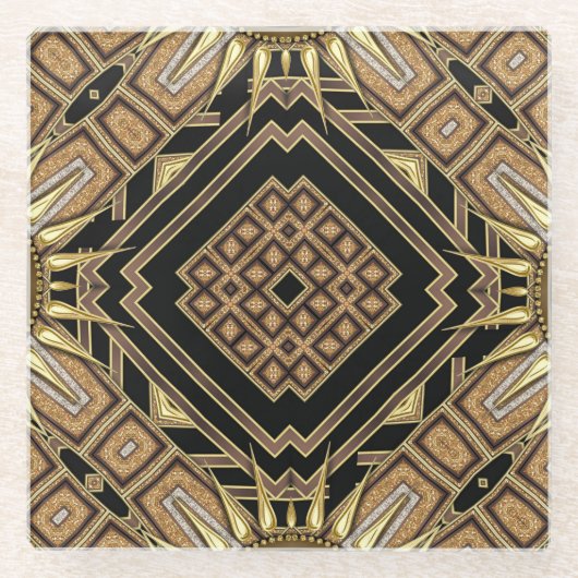 アールデコブラック金ゴールド幾何スタイリッシュグラムパターン ガラスコースター (正面)