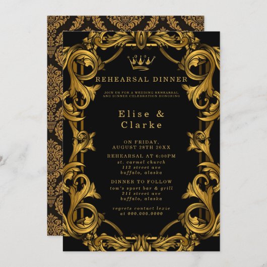 アールデコブラック金ゴールド王室のリハーサルディナー 招待状 (正面/裏面)