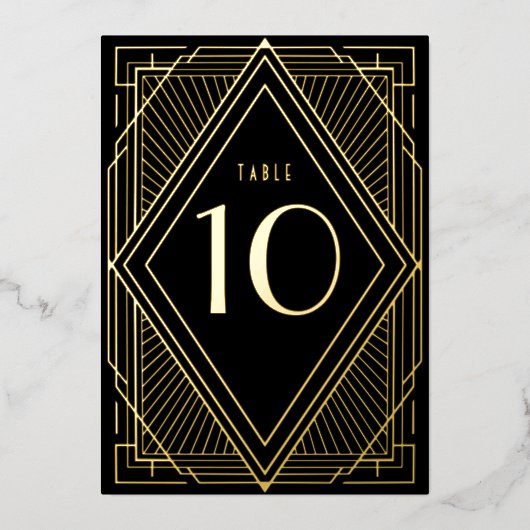 アールデコブラック金ゴールド結婚のテーブル番号 箔招待状 (正面)