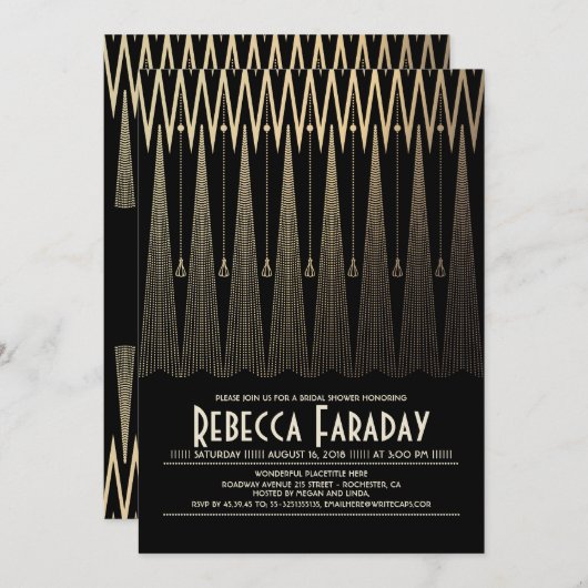 アールデコブラック&金ゴールドギャツビーブライダルシャワー 招待状 (正面/裏面)