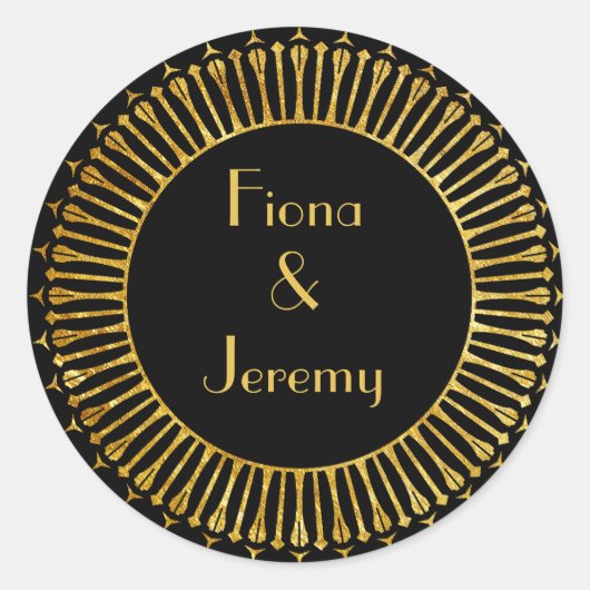 アールデコブラック&金ゴールドパーソナライズされたズ結婚シール ラウンドシール (正面)