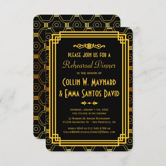 アールデコブラック&金ゴールドリハーサルディナー 招待状 (正面/裏面)