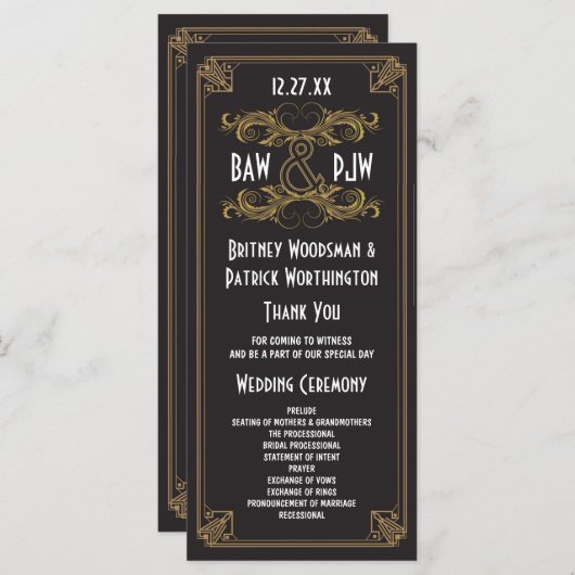 アールデコブラック&金ゴールドヴィンテージウェディングプログラム プログラム (正面/裏面)