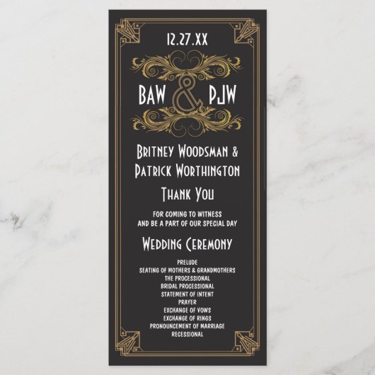 アールデコブラック&金ゴールドヴィンテージウェディングプログラム プログラム (正面)