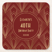 アールデコブルゴーニュ&金ゴールド40歳の誕生日パーティー スクエアペーパーコースター (正面)