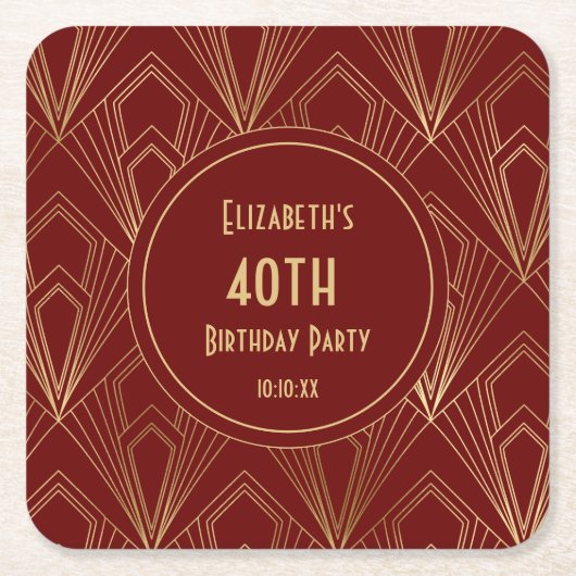 アールデコブルゴーニュ&金ゴールド40歳の誕生日パーティー スクエアペーパーコースター (正面)