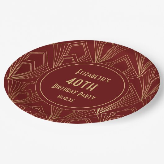 アールデコブルゴーニュ&金ゴールド40歳の誕生日パーティー ペーパープレート (アングル)