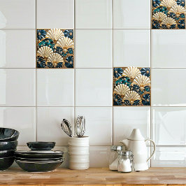 アールデコブルーアイボリー、Gems、および金ゴールドファン タイル