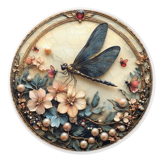 アールデコブルートンボのピンクの花真珠 セラミックノブ (正面)