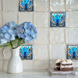 アールデコブルーホワイト金ゴールド花花びら タイル