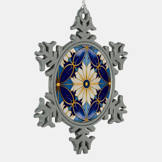 アールデコブルー金ゴールドフローラルパターンクリスマスデコール スノーフレークピューターオーナメント (左)