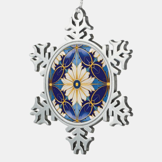 アールデコブルー金ゴールドフローラルパターンクリスマスデコール スノーフレークピューターオーナメント (右)