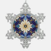 アールデコブルー金ゴールドフローラルパターンクリスマスデコール スノーフレークピューターオーナメント (正面)