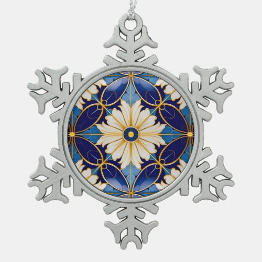 アールデコブルー金ゴールドフローラルパターンクリスマスデコール スノーフレークピューターオーナメント (正面)