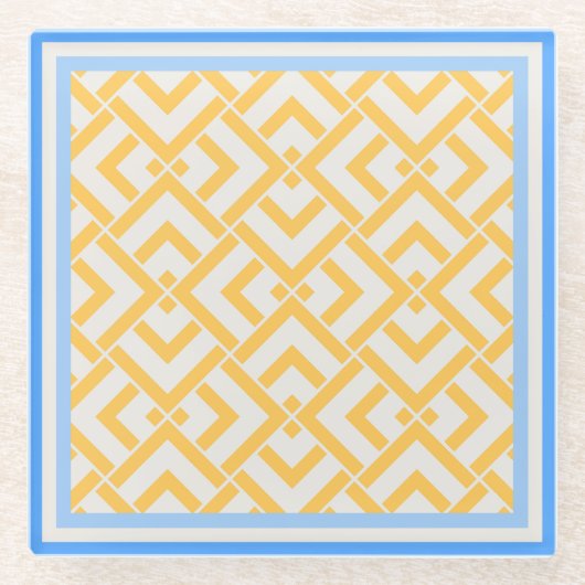 アールデコプリント鮮やかイエロー ガラスコースター (正面)