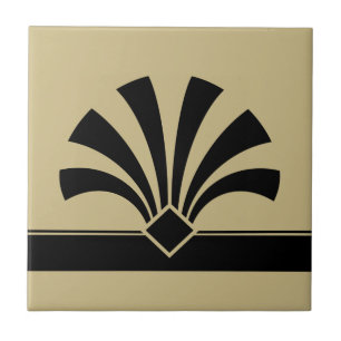 アールデコベージュ黒の幾何学的花要素06 タイル