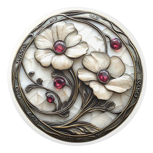 アールデコホワイトガラス花エレガント赤ルビービーズ セラミックノブ (正面)