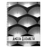 アールデコホワイトファンパターンブラックパーソナライズ ノートブック (正面)